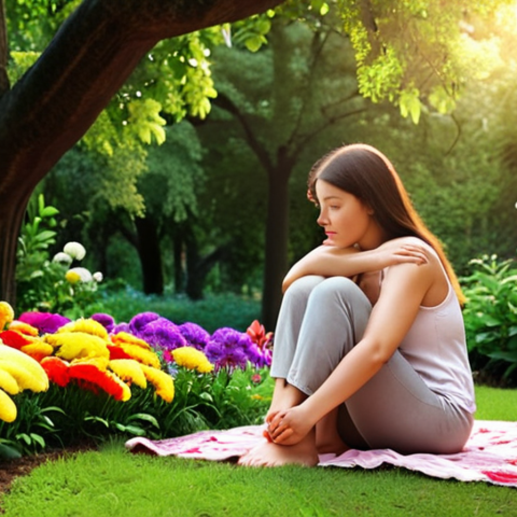 **A person comforting themselves like a dear friend, sitting in a park surrounded by lush greenery and colorful flowers, symbolizing self-kindness and inner peace. Soft, warm lighting.**
