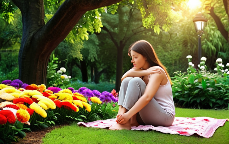 **A person comforting themselves like a dear friend, sitting in a park surrounded by lush greenery and colorful flowers, symbolizing self-kindness and inner peace. Soft, warm lighting.**