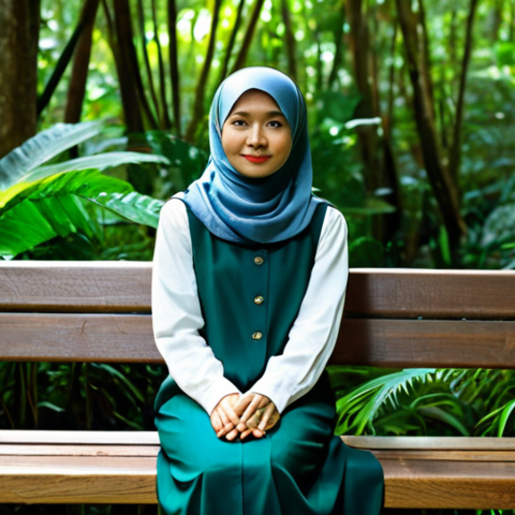 A calm Malaysian woman, fully clothed in modest, comfortable outdoor attire, appropriate attire, sitting peacefully on a wooden bench amidst lush green rainforest foliage. Soft sunlight filters through the canopy. She has a serene expression, with her hands resting calmly in a natural pose. Perfect anatomy, correct proportions, well-formed hands, proper finger count, natural body proportions, professional photography, high quality, safe for work, appropriate content, fully clothed, modest, family-friendly.
