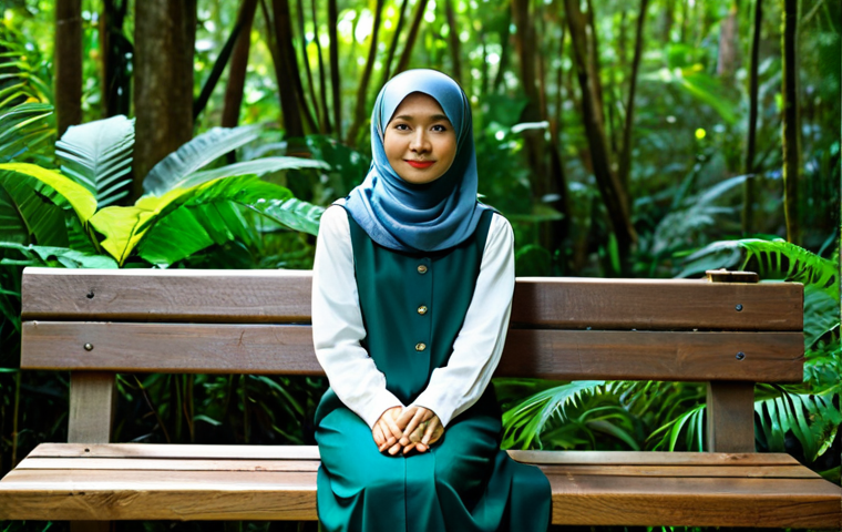 A calm Malaysian woman, fully clothed in modest, comfortable outdoor attire, appropriate attire, sitting peacefully on a wooden bench amidst lush green rainforest foliage. Soft sunlight filters through the canopy. She has a serene expression, with her hands resting calmly in a natural pose. Perfect anatomy, correct proportions, well-formed hands, proper finger count, natural body proportions, professional photography, high quality, safe for work, appropriate content, fully clothed, modest, family-friendly.