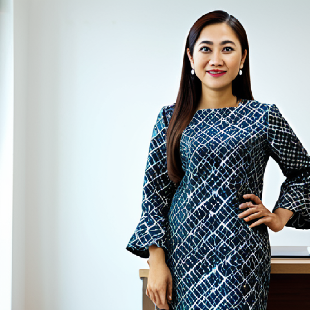 **
A professional businesswoman in a modest batik dress, standing in a modern office in Kuala Lumpur, fully clothed, appropriate attire, safe for work, perfect anatomy, natural proportions, professional photography, high quality, family-friendly.
**