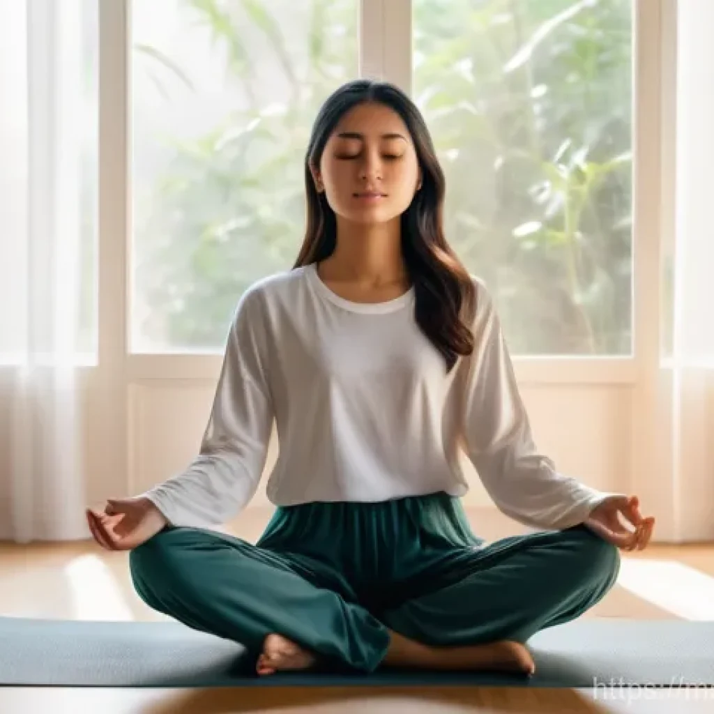 자기 위로 기법의 개인적 사례 공유 - **Prompt:** A serene young woman, of Malay ethnicity, in her late 20s, sits cross-legged on a soft, ...