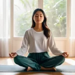 자기 위로 기법의 개인적 사례 공유 - **Prompt:** A serene young woman, of Malay ethnicity, in her late 20s, sits cross-legged on a soft, ...