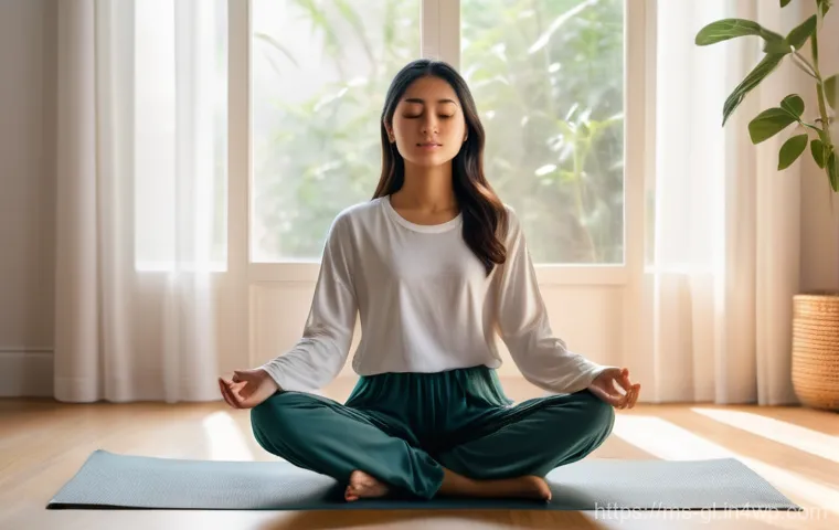 자기 위로 기법의 개인적 사례 공유 - **Prompt:** A serene young woman, of Malay ethnicity, in her late 20s, sits cross-legged on a soft, ...