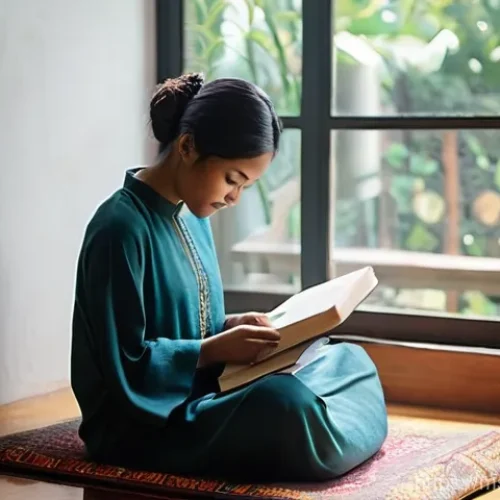 자기 위로에서의 감정 표현법 - **A Calming Journaling Moment:** A young Malay woman, dressed modestly in a loose-fitting baju kurun...