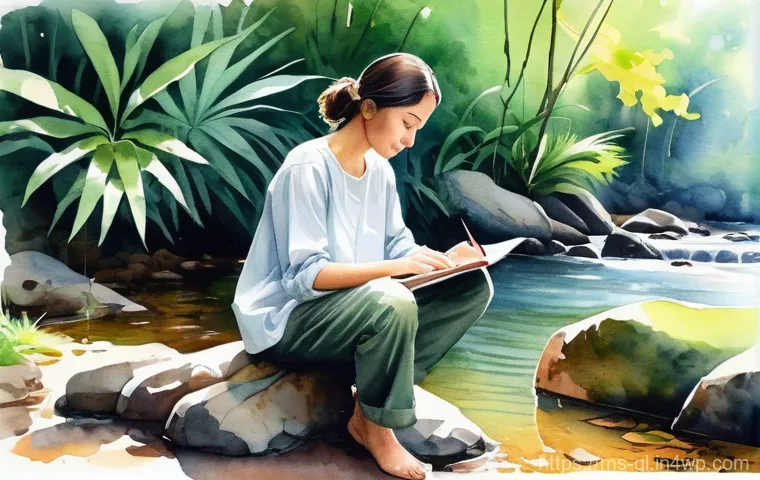 자기 위로에서의 감정 표현법 - **A Calming Journaling Moment:** A young Malay woman, dressed modestly in a loose-fitting baju kurun...