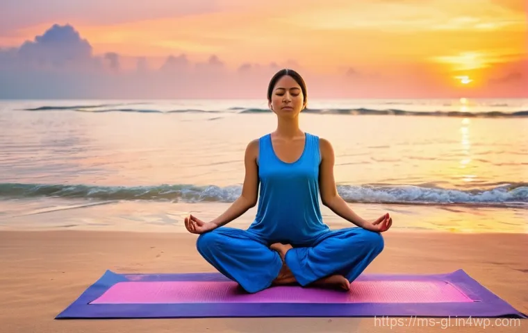 자기 위로 능력 향상을 위한 실생활 팁 - **Serene Malaysian Beach Sunset Yoga:** A tranquil scene at a serene Malaysian beach, such as Pantai...