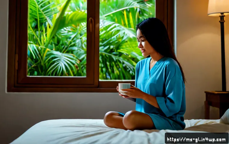 자기 위로를 위한 수면 개선 방법 - Photorealistic cozy Malaysian bedroom at night, a relaxed adult in modest cotton sleepwear sitting o...